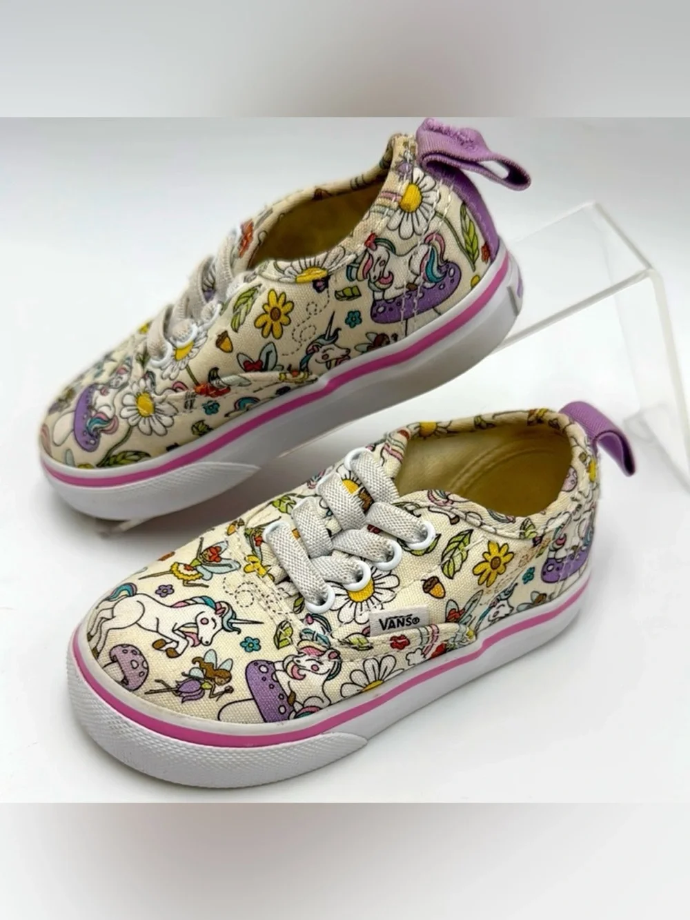 VANS Girls Authentic Skate Shoes Unicorn & Fairy Print White/Pink Size 6